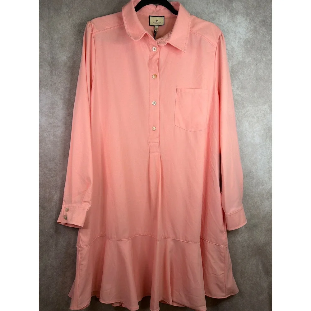 NWT Tuckernuck Callahan Shirt Dress Women XXXL Peach Ruffle Hem Long Slv Y23002T